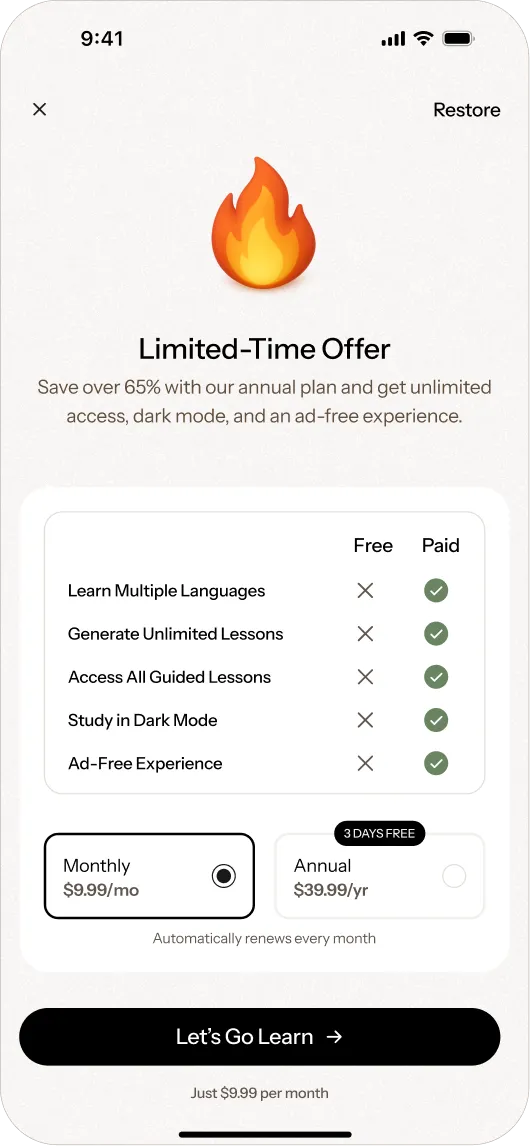 Mobile UI design showcasing a premium upgrade screen in an AI-driven language learning app