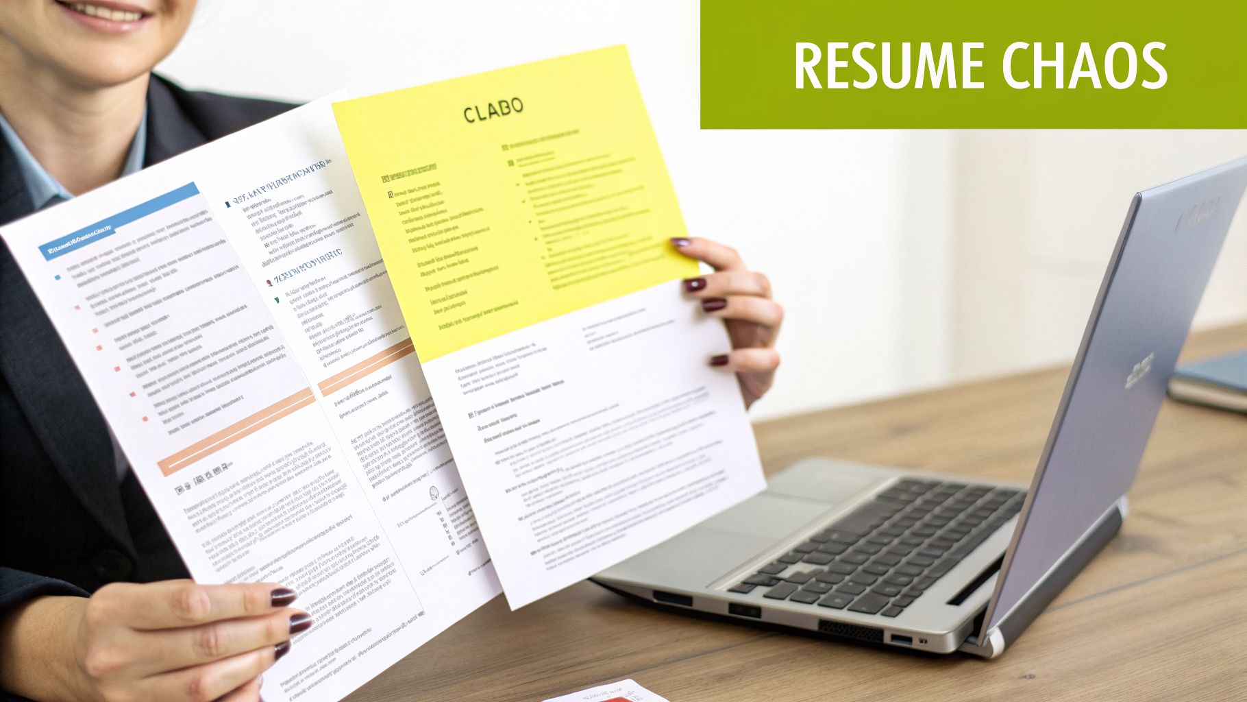 A smiling person holds two distinct resume formats, a yellow and a blue-bordered one, near a laptop, symbolizing 'resume chaos'.