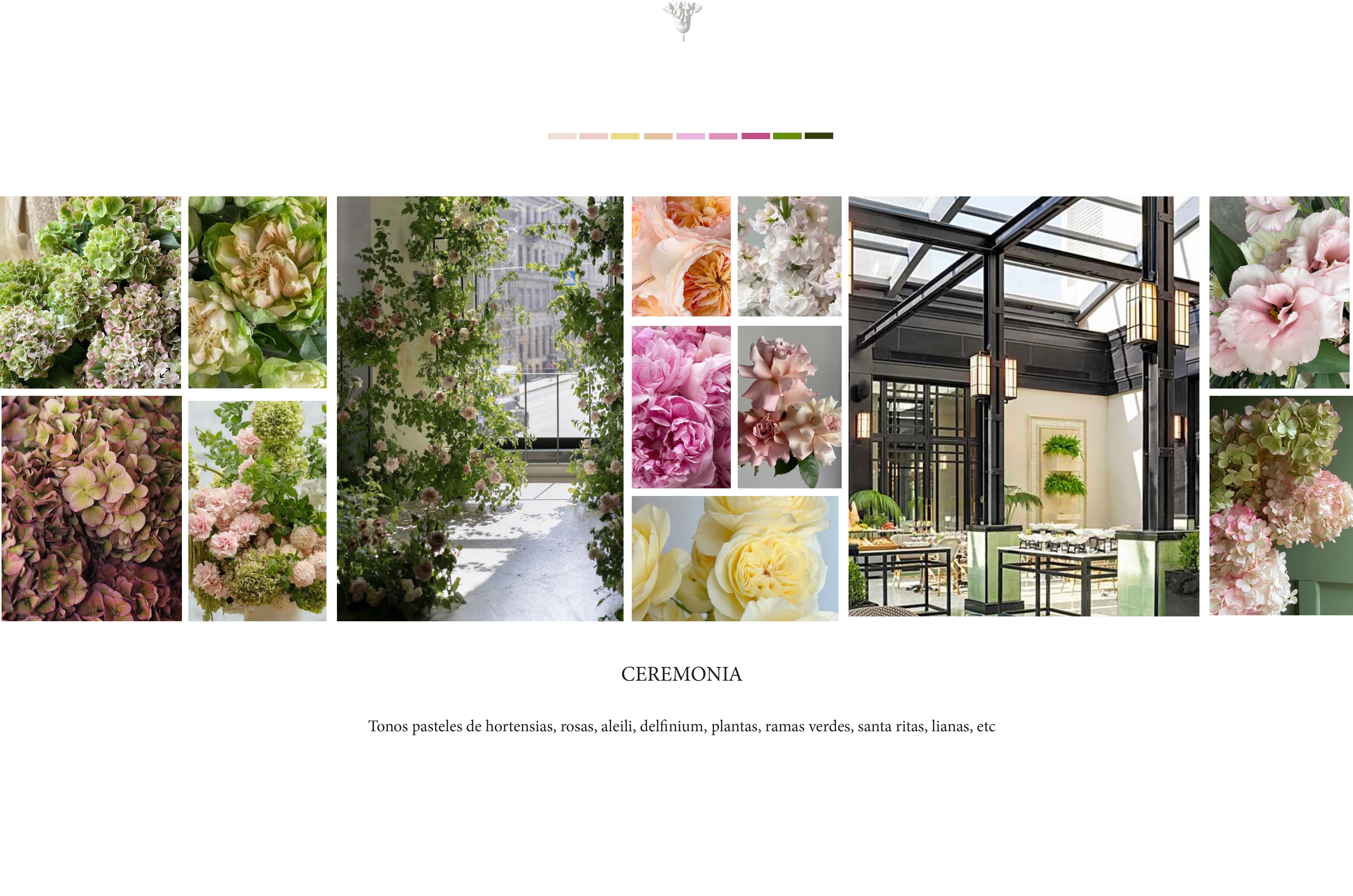 Moodboard de ceremonia con paleta de colores pastel, hortensias, alelíes y arquitectura moderna del hotel.