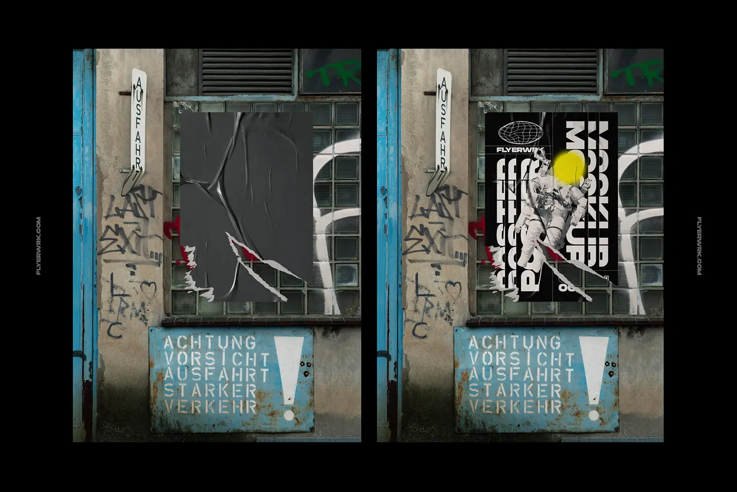 Urban poster wall mockup placed in subway station next to circular train window