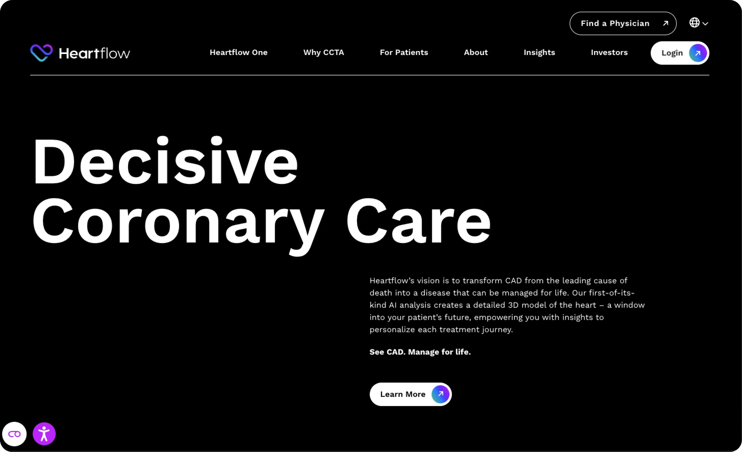 HeartFlow website homepage with the headline Decisive Coronary Care, describing AI analysis that creates a detailed 3D model of the heart for coronary artery disease diagnosis