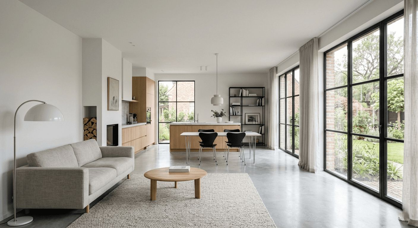 Bright fully renovated modern Belgian home interior, minimal design, clean finishes, natural light coming through large windows, calm and controlled atmosphere, no people, ultra realistic