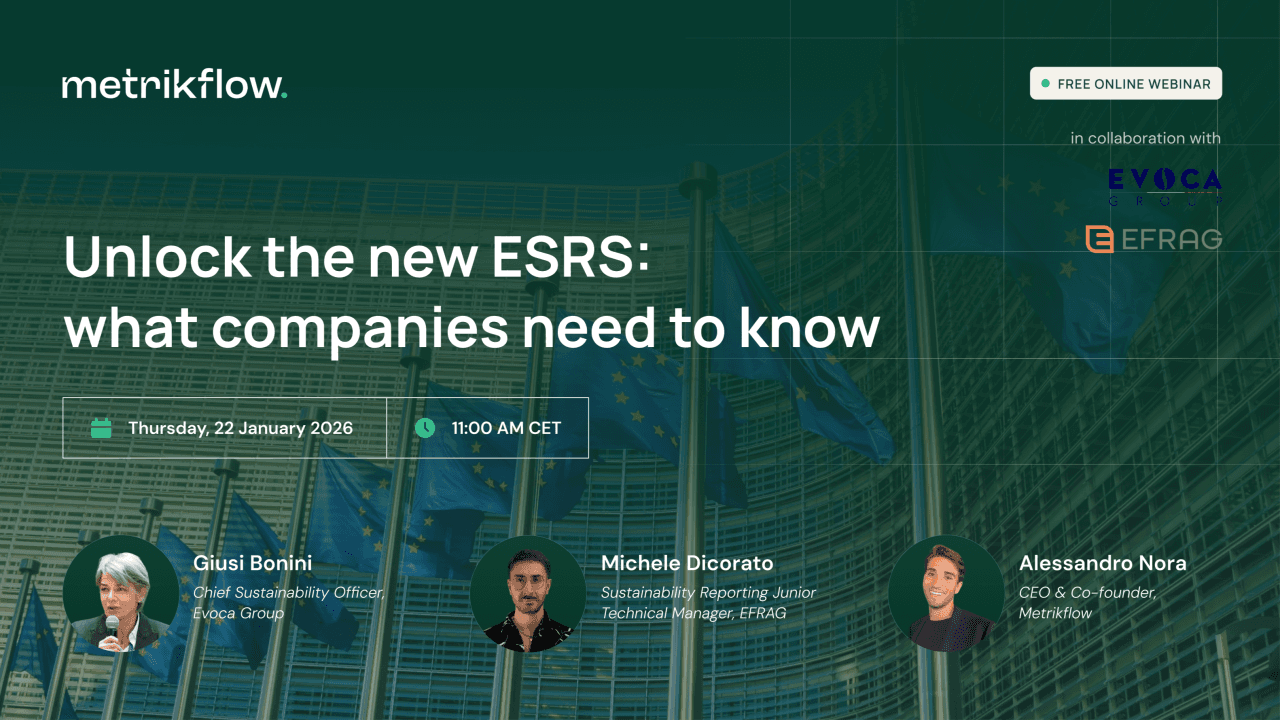 Webinar banner for “Unlock the New ESRS: What Companies Need to Know,” featuring EU flags and speakers Giusi Bonini, Michele Dicorato and Alessandro Nora, with Evoca Group and EFRAG.