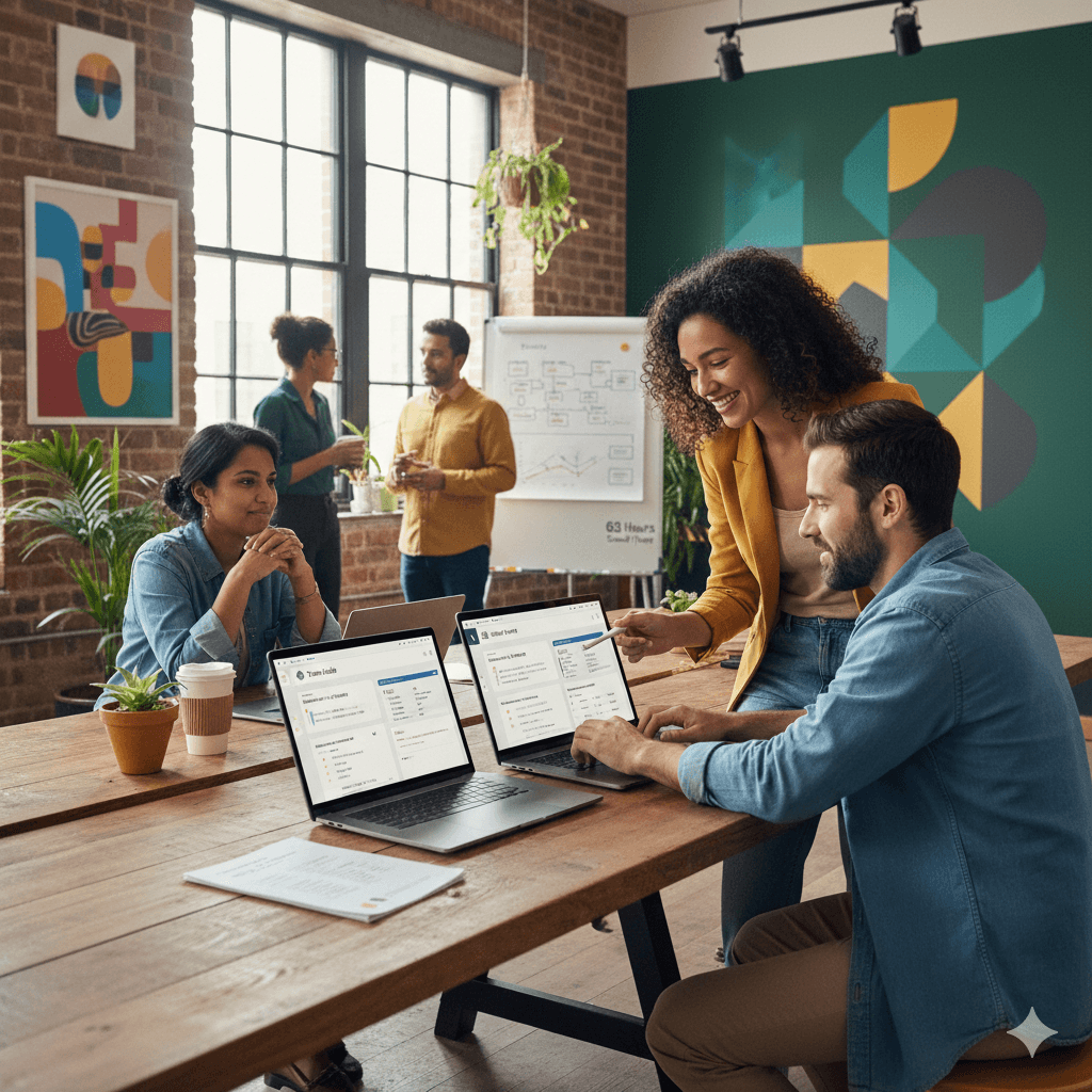 A team collaborates in a modern, open-plan office with exposed brick walls, using laptops to explore Notion's interface, reflecting an atmosphere of productivity and creativity.
