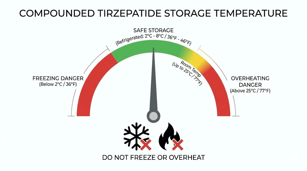 Compounded tirzepatide storage temperature guide showing safe and danger zones