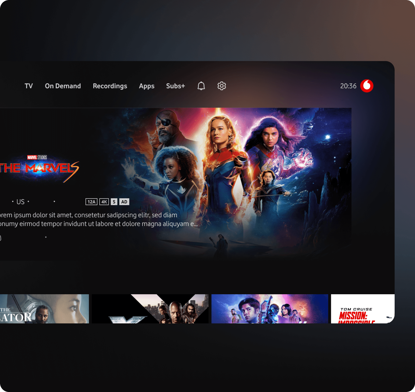 Screen of a TV User Interface with subtle, blurred light effects showing a hero section of a Marvel Movie and a content rail below.