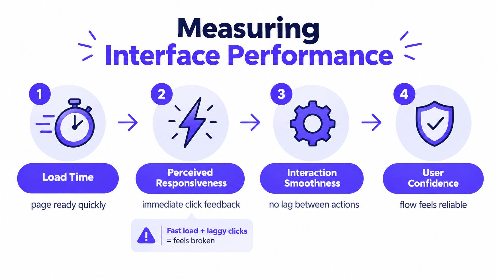A diagram outlining four key components for measuring web interface performance including load time, responsiveness, smoothness, and confidence.