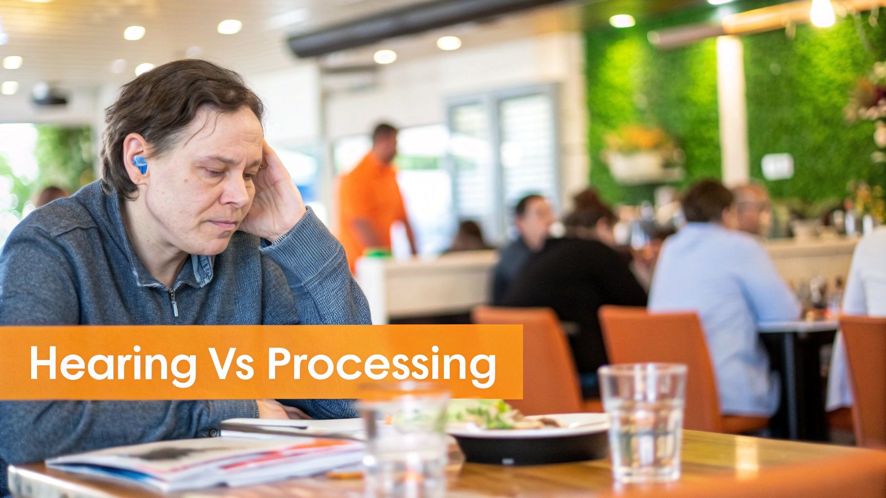 A child wearing headphones and concentrating during an auditory processing test.