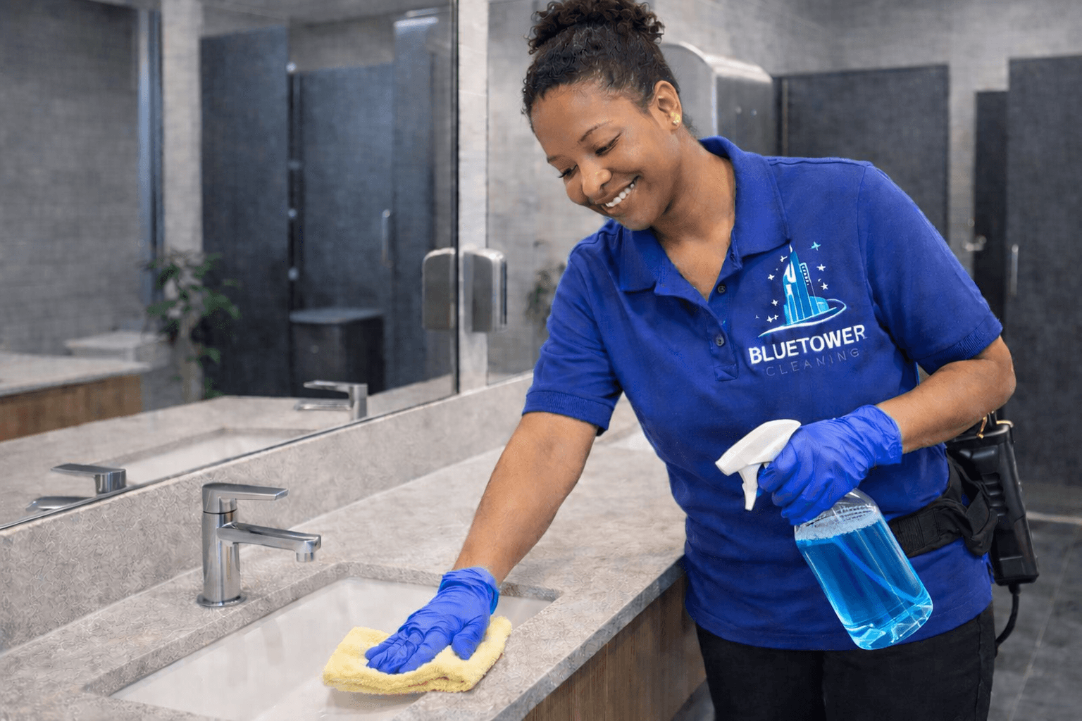 A modern brick house with a two-car garage, well-manicured lawn, and clear blue sky in the background.