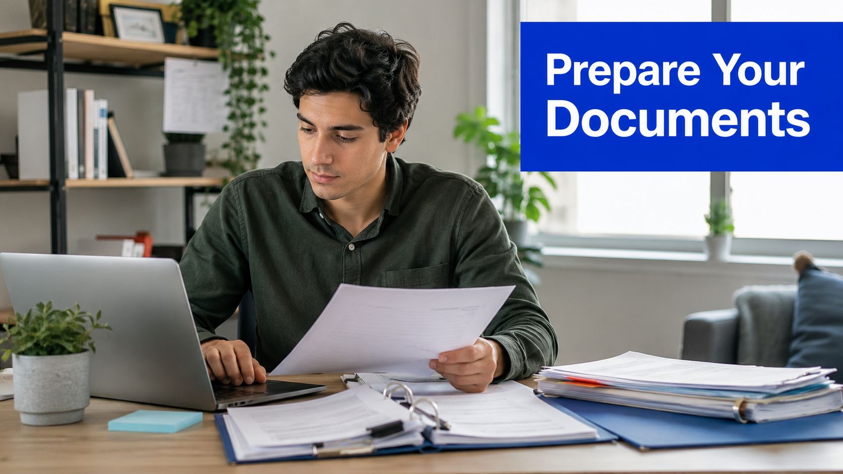 A focused man reviews documents while working on a laptop at a neat home office desk.