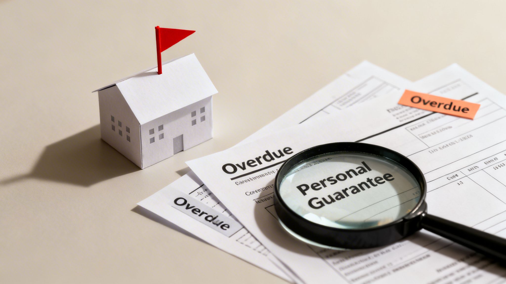 A paper house with a red flag, overdue documents, and a magnifying glass highlighting 'Personal Guarantee'.
