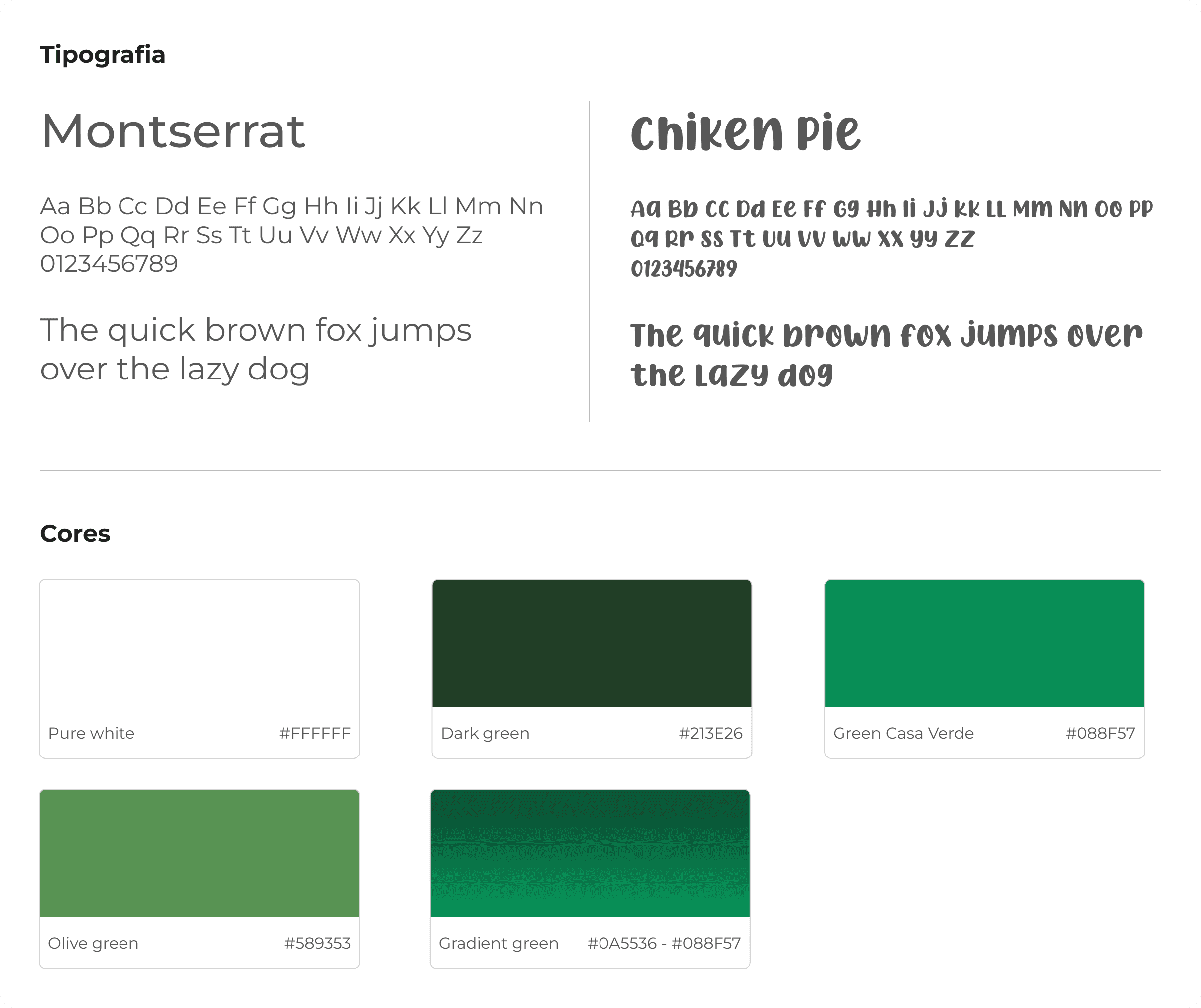 Apresentação das tipografias e cores utilizadas no projeto
