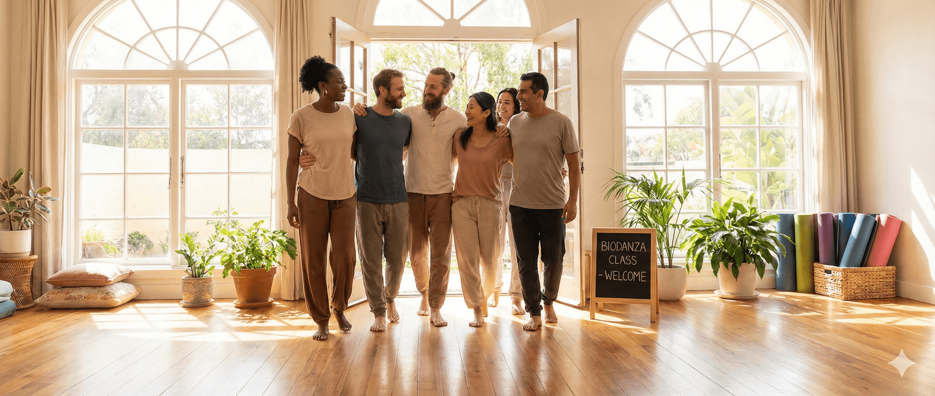 Woman practicing yoga in tree pose on a wooden deck overlooking misty mountain landscape at sunrise.