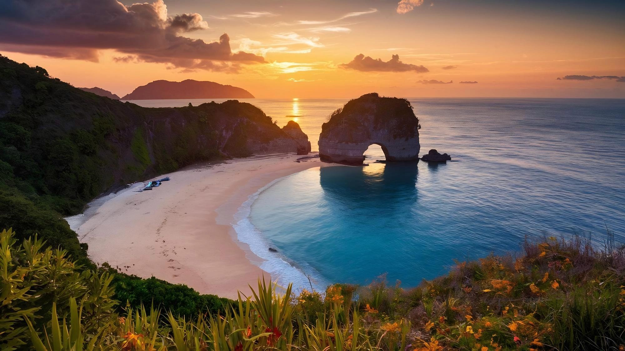 Sunset over a secluded beach with a rocky sea arch.