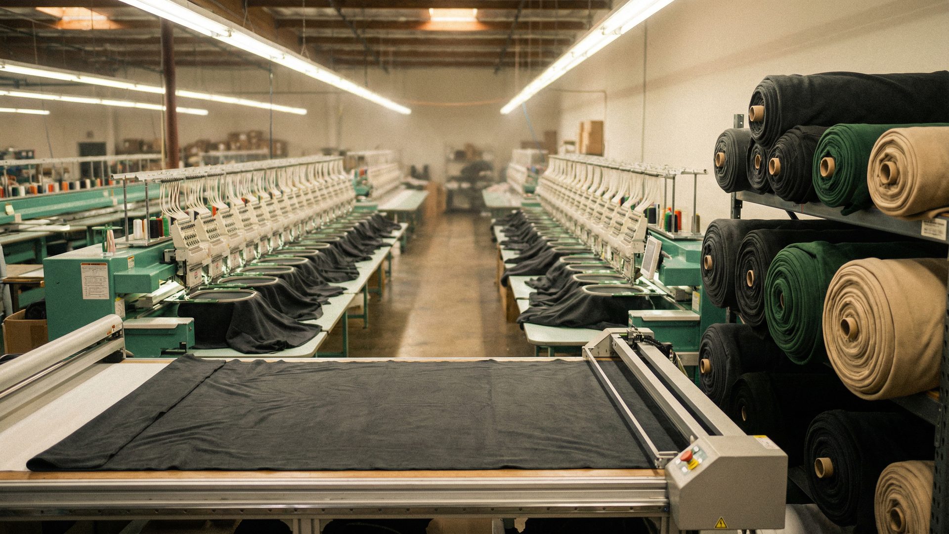 A wide shot of a clean, modern apparel factory floor: rows of industrial embroidery machines stretching into the distance, each machine loaded with dark charcoal fabric in the hoop, a high-speed automated cutting table in the foreground with a large sheet of dark charcoal fabric laid out, massive rolls of heavyweight fleece fabric in charcoal, forest green, and sand stacked on metal shelving along the right wall.