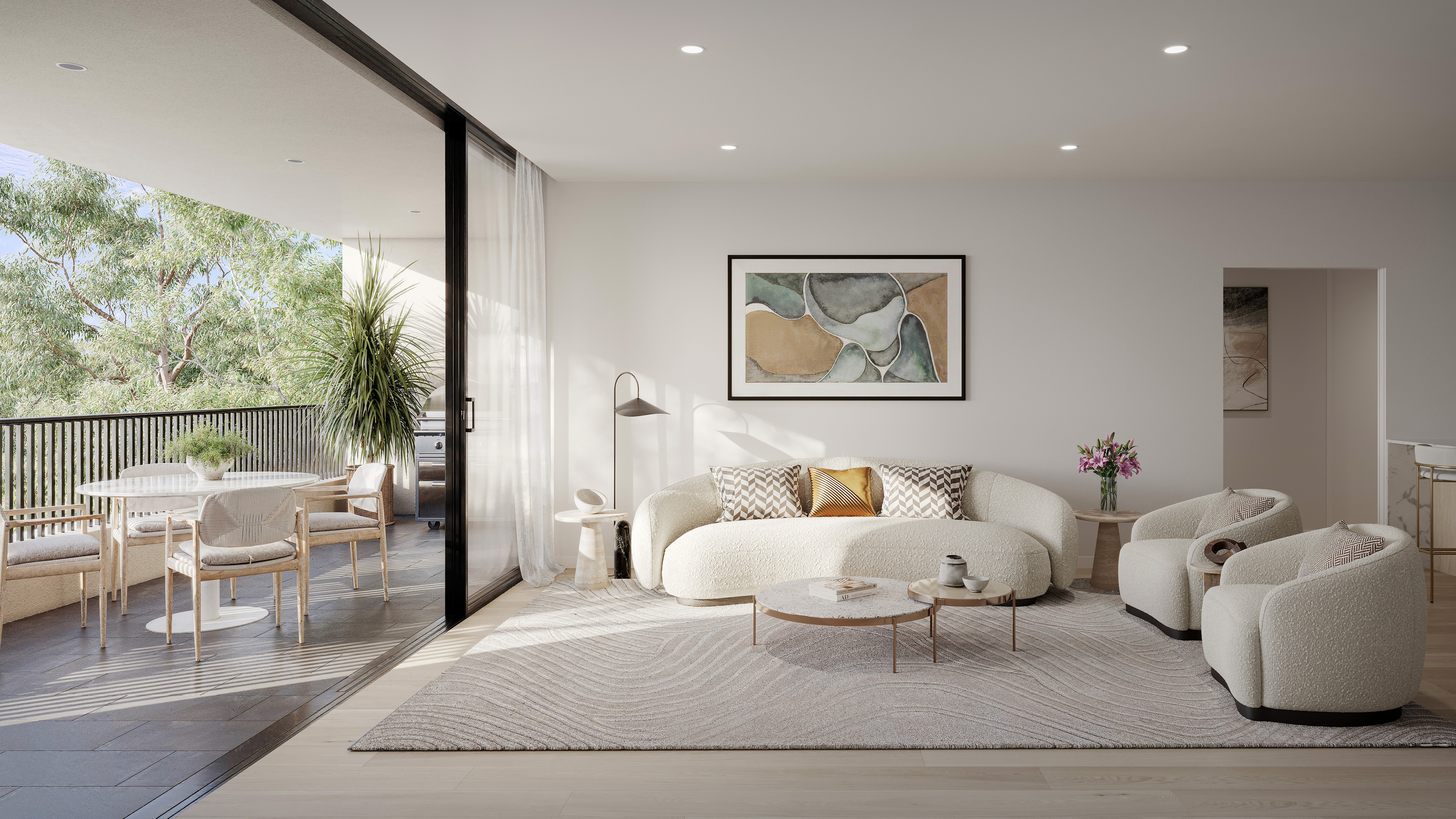 Bright living room with soft furnishings and balcony view at Blossom Carlingford off the plan Sydney apartments.