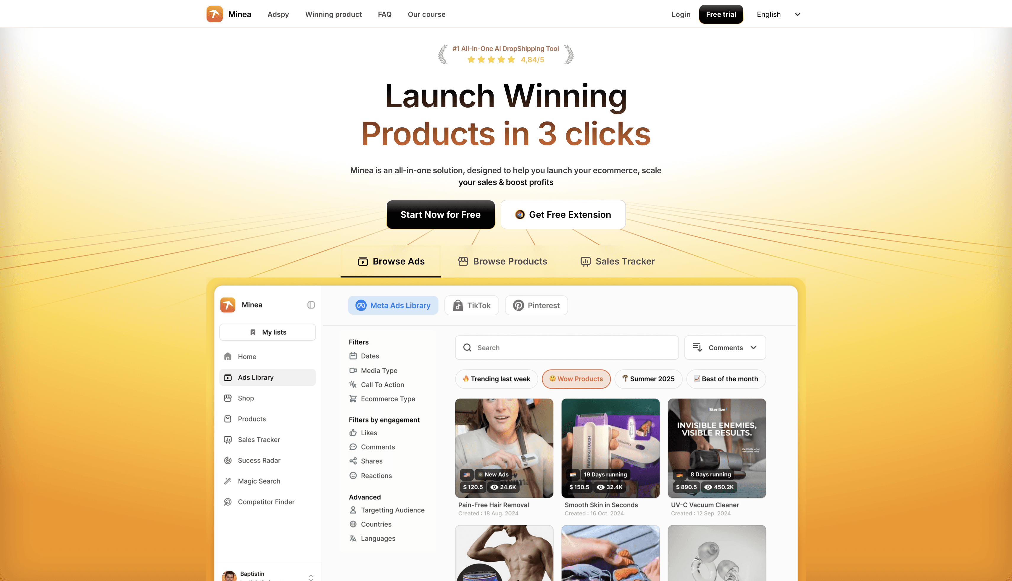 Minea - the 2nd best shopify spy tool of 2026