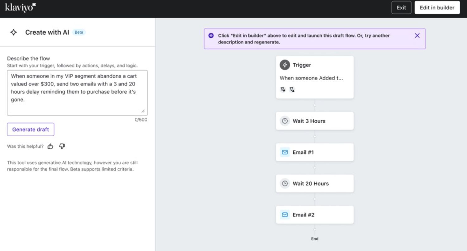 Flows AI.jpg – Klaviyo’s AI-powered flow builder generating an automated email sequence based on a simple input description.