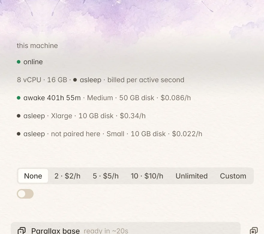 Cloud machines that wake and sleep, a spending cap, and ready base images