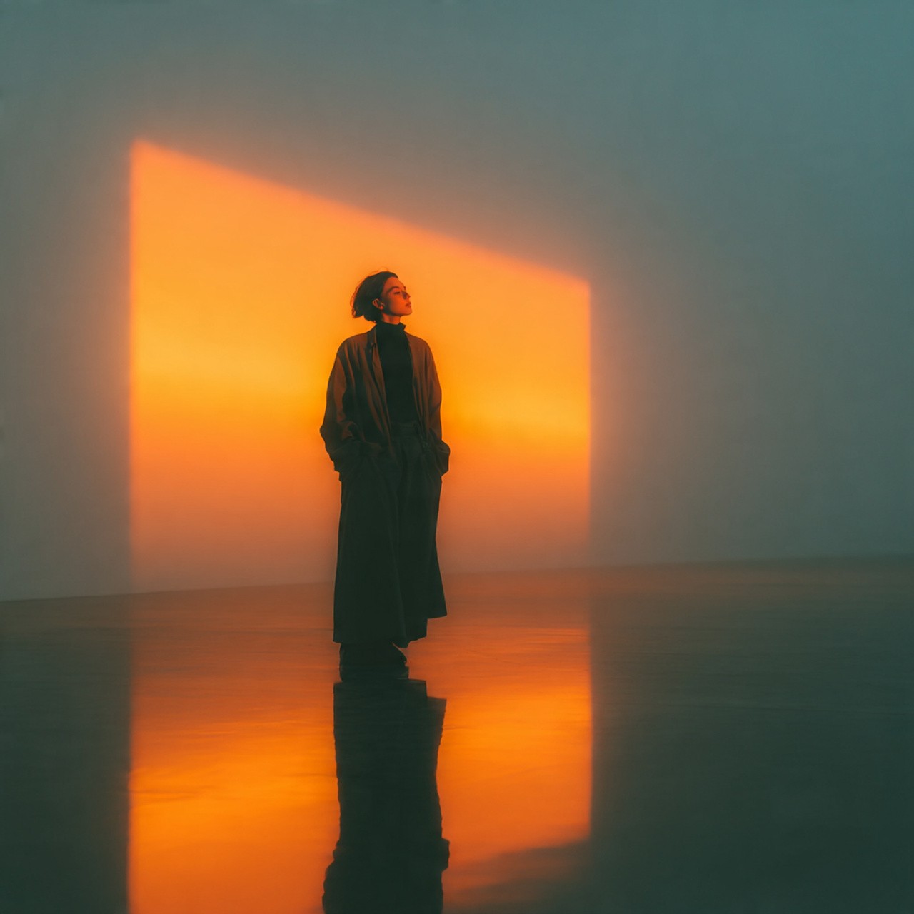 A person stands in a room with an orange-lit wall, casting a dramatic glow. Their contemplative pose is reflected on a glossy floor, evoking a serene mood