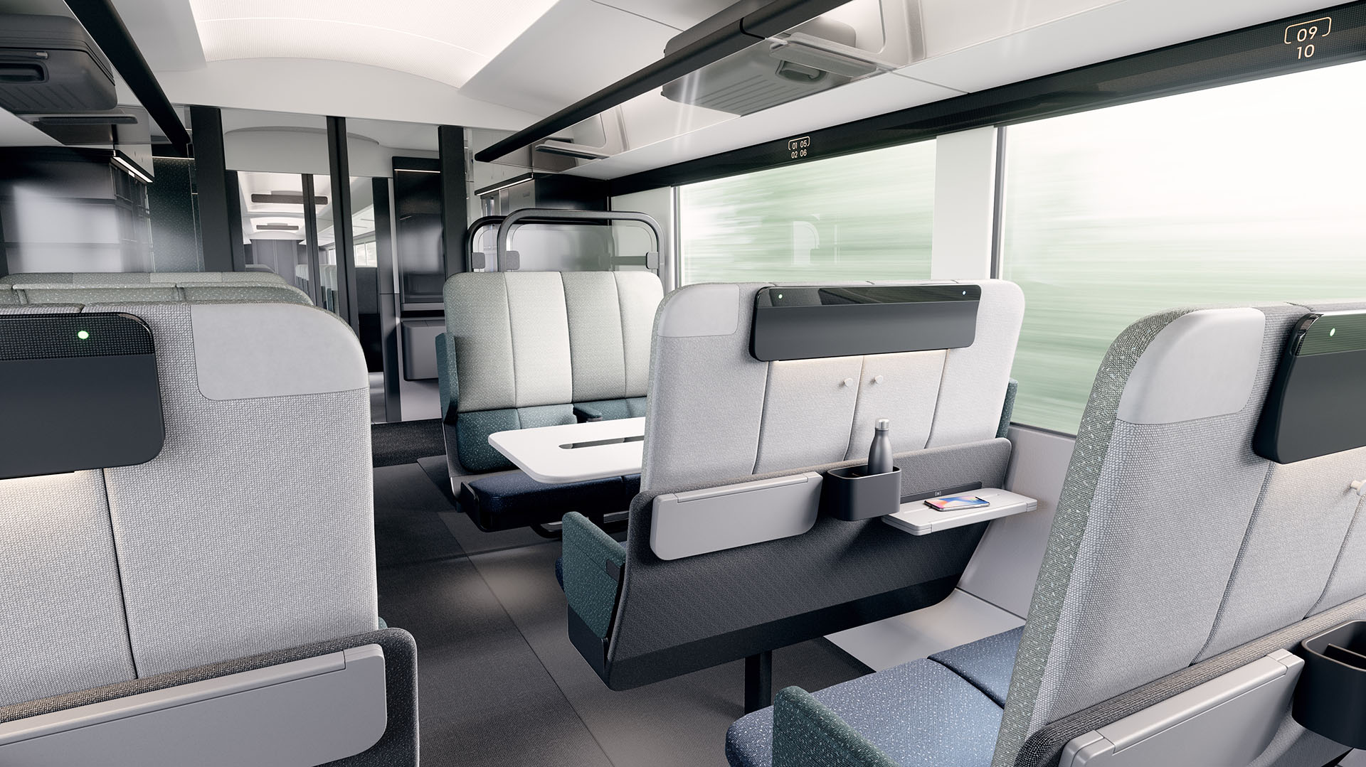 3D render showing design concept for main cabin from the rear of HS2 train