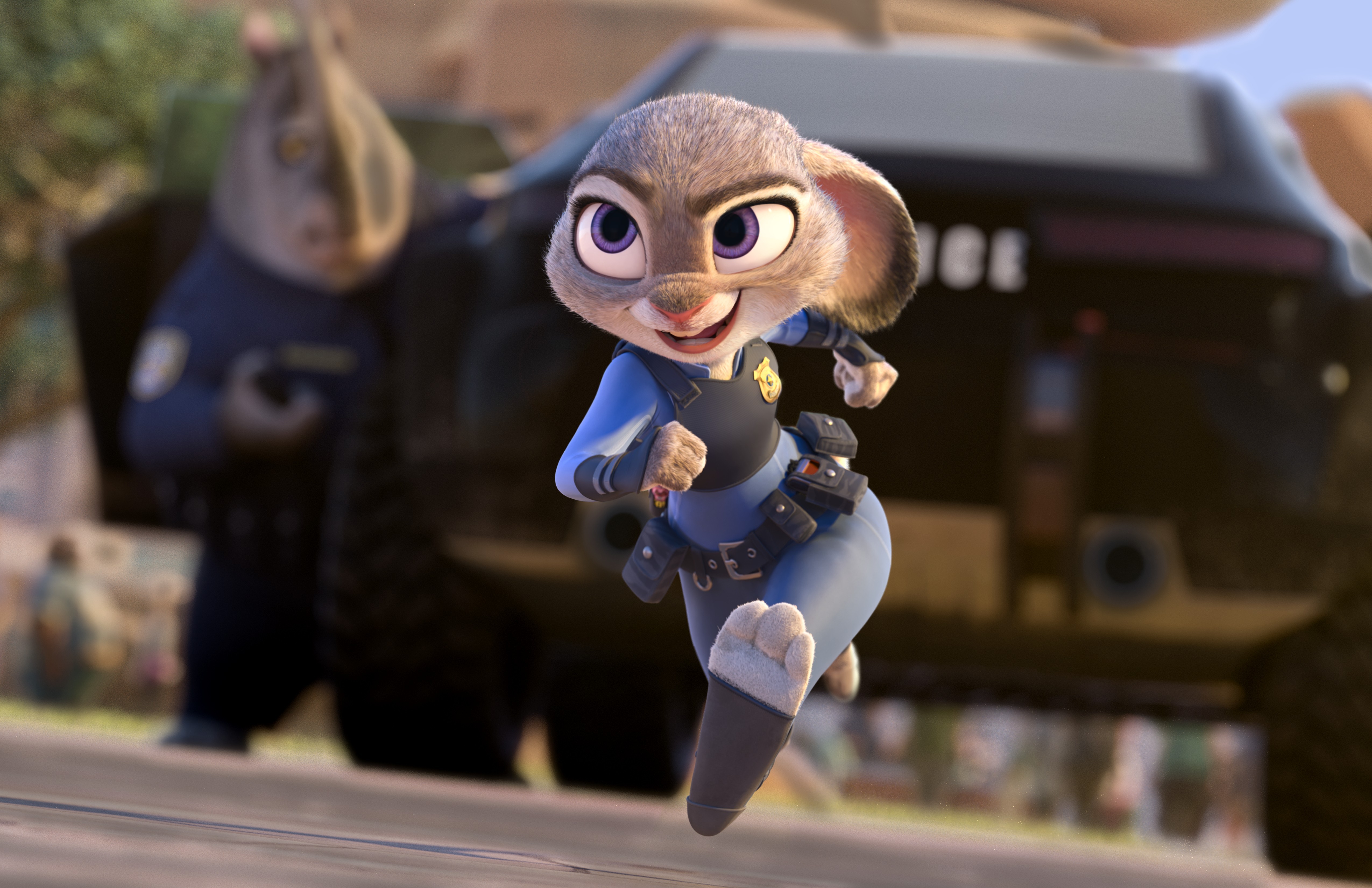 udy Hopps from 'Zootopia' running in her police uniform with a determined expression.