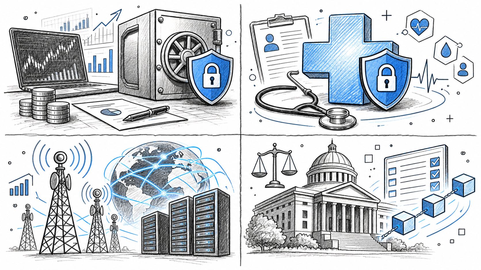 A four-part illustration showing digital security icons representing finance, healthcare, telecommunications, and government data protection.