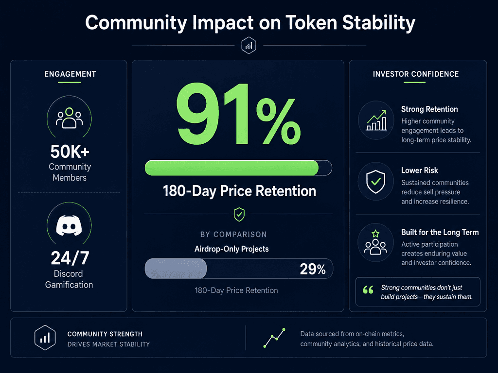 Visual data showing that crypto projects with over 50,000 community members achieve 91 percent higher token price retention over 180 days.