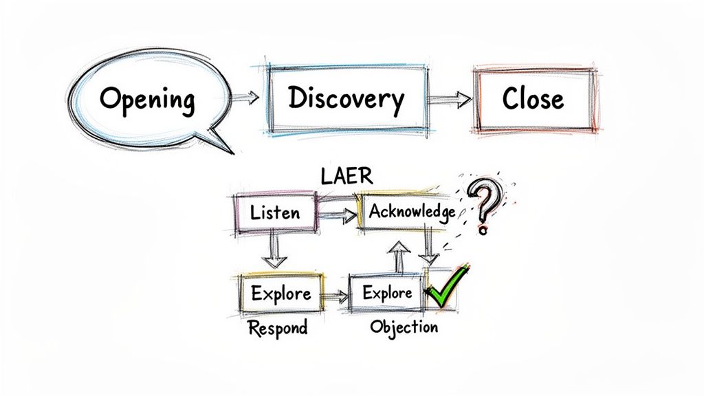 Flowcharts illustrating sales process stages: Opening, Discovery, Close, and the LAER method for handling objections.
