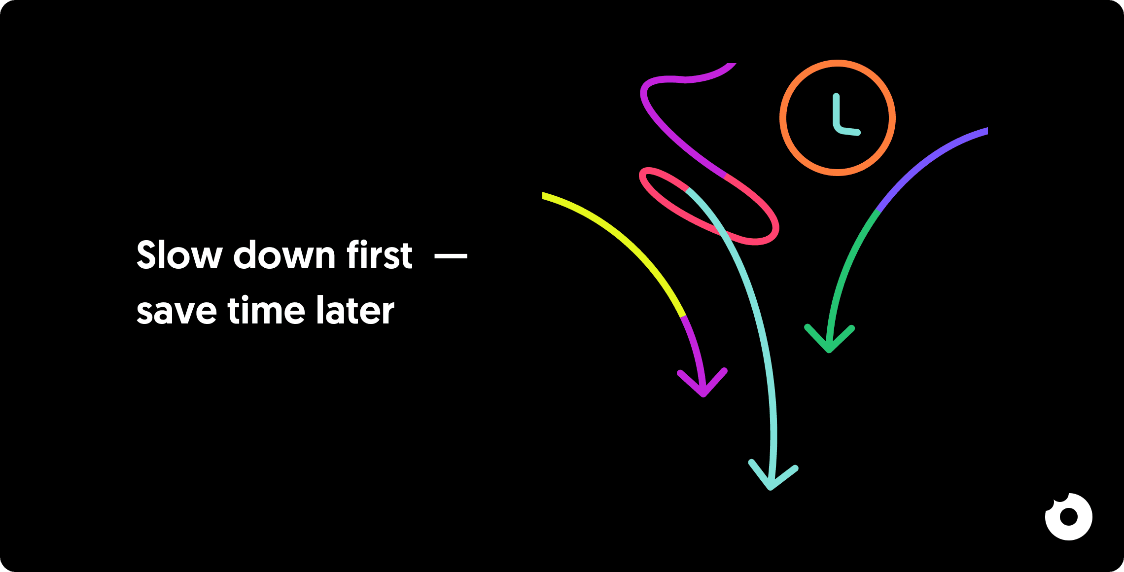 Illustration conveying ‘slow down first, save time later’ with flowing arrows and a clock icon