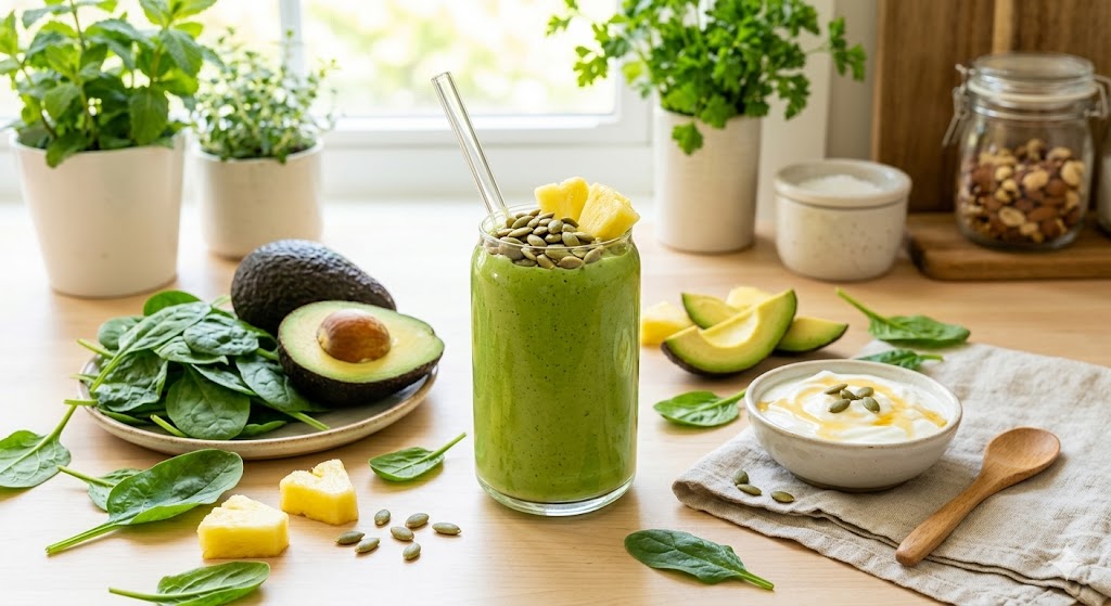A vibrant green smoothie in a glass, topped with toasted pumpkin seeds and pineapple chunks. The glass is surrounded by fresh spinach leaves, halved avocado, and a Greek yogurt bowl with honey against a clean, healthy kitchen setting, captured in bright natural light for a fresh and nutrient-dense aesthetic.