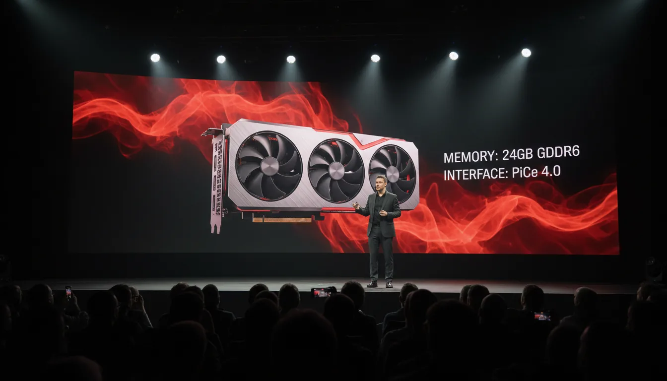 DSLR photograph of a tech product launch keynote presentation, viewed from the audience. A male presenter stands on a dark stage in front of a massive widescreen display. The screen shows a large, detailed 3D render of a silver and black AMD Radeon RX 7900 XTX triple-fan graphics card. The background of the presentation is black with abstract red, fiery smoke graphics and large white sans-serif placeholder text for technical specifications. The scene is lit with dramatic, cinematic contrast from stage spotlights. The silhouettes of the audience's heads are visible in the dark foreground.