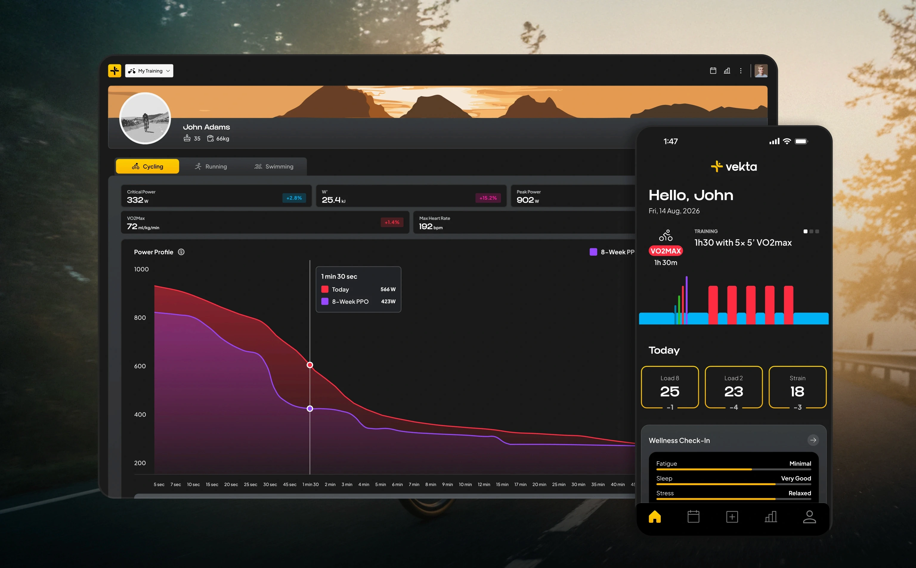 Vekta athlete profile on desktop and mobile, showing Critical Power 332 W, W prime 25.4 kJ and peak power 902 W above a power duration curve, with Load, Strain and a wellness check-in on the phone app.