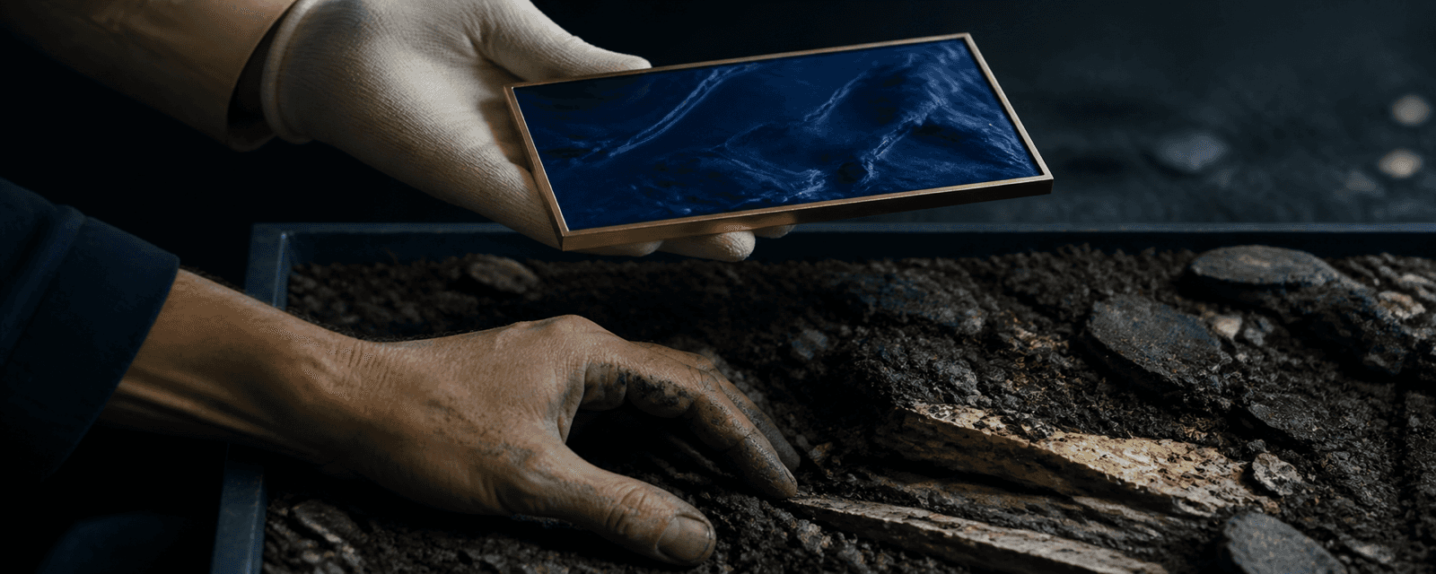 A gloved hand holds a simplified blue relief above a bare hand immersed in dark soil and mineral layers.