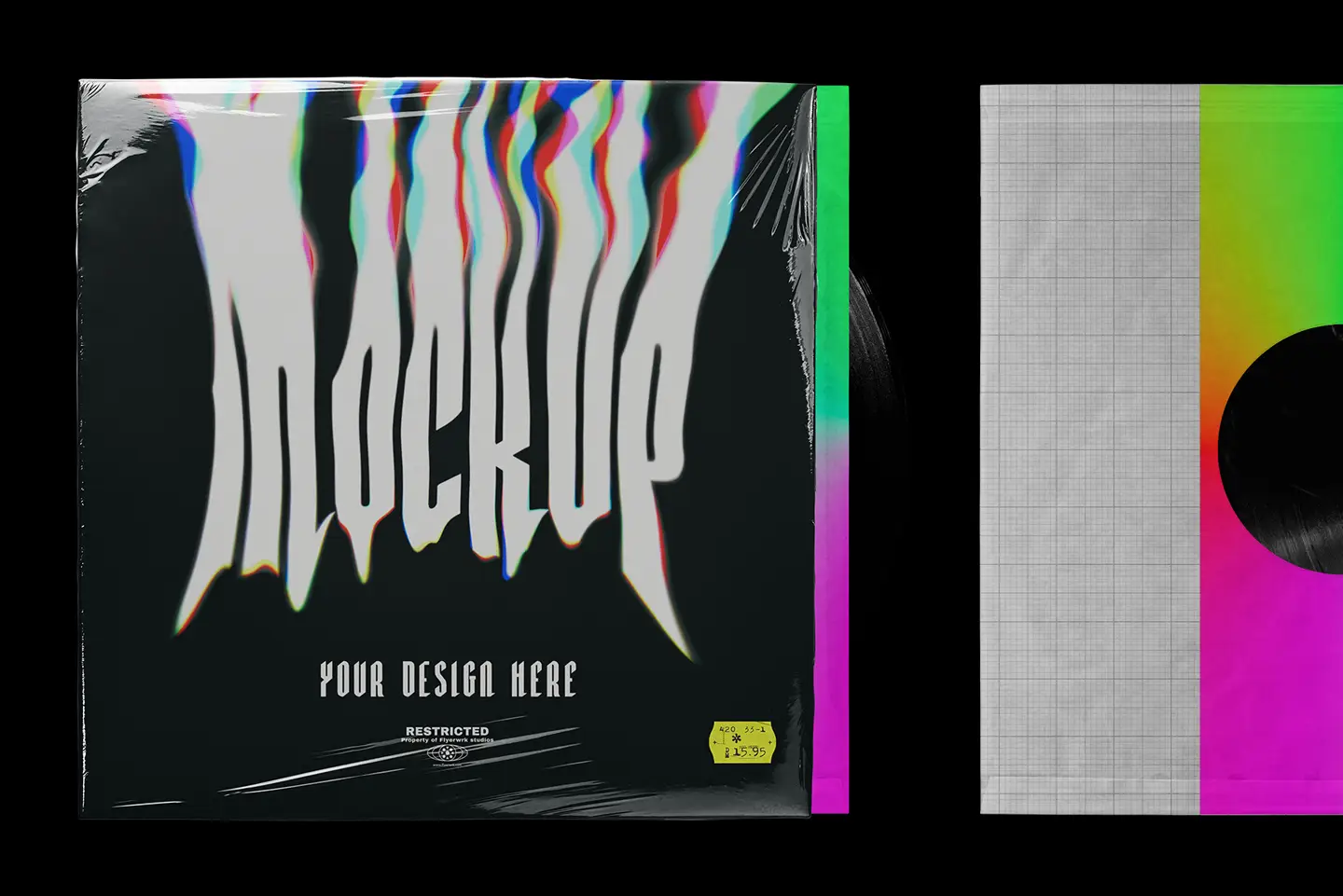 Vinyl record mockup with distorted album artwork preview and visible record sleeve