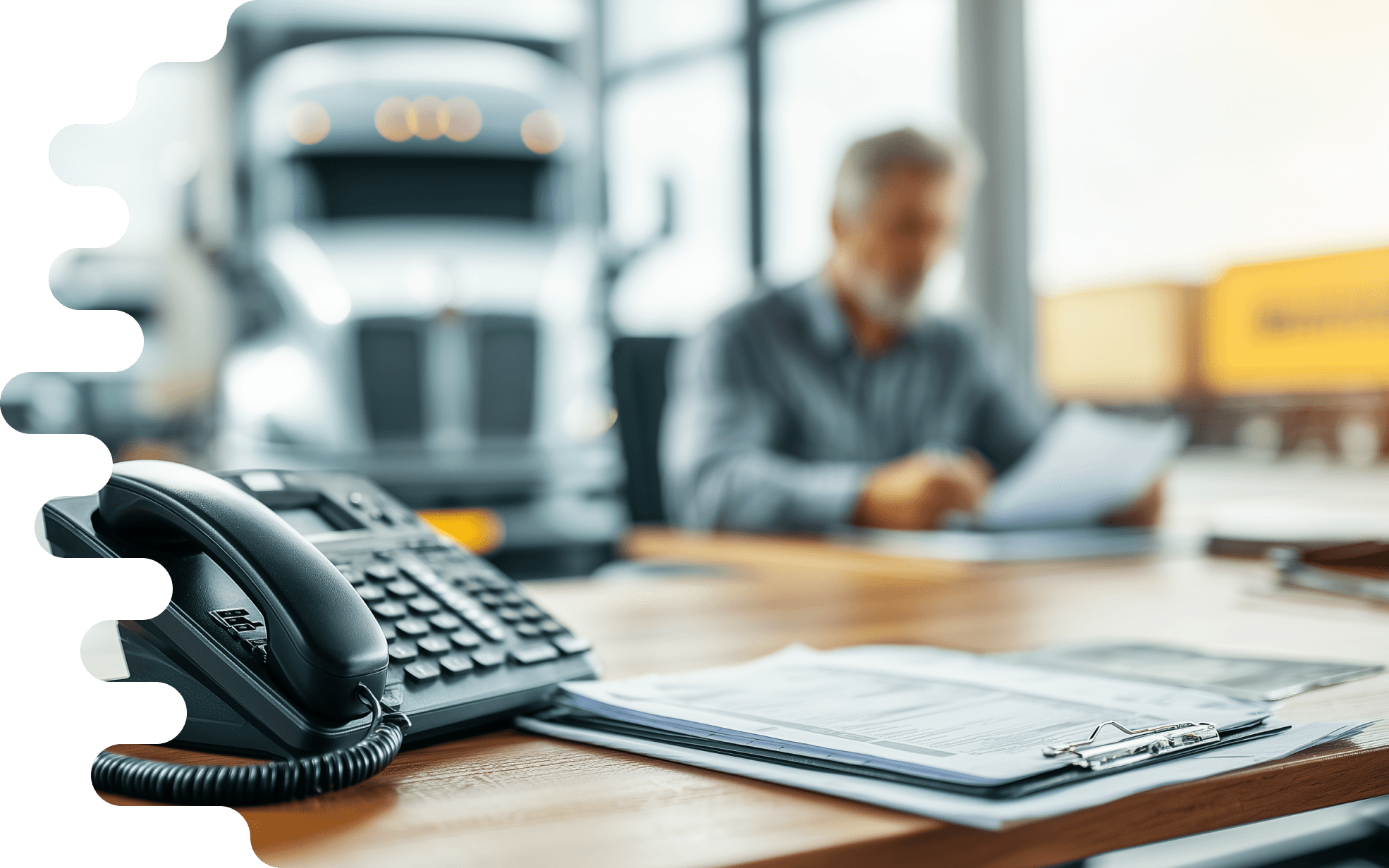 A logistics manager or dispatcher sits concentrating in front of several computer monitors in a modern control room. Complex route optimization and real-time tracking data are visible on the screens. The person is deeply involved in planning, typing or looking at documents, while the background of the office is gently out of focus. The image captures a snapshot of undisturbed, active work in a high-tech environment.