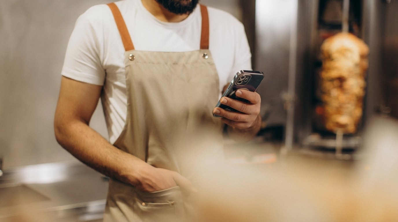 Man using credit card reader, smiling. Payment processing.