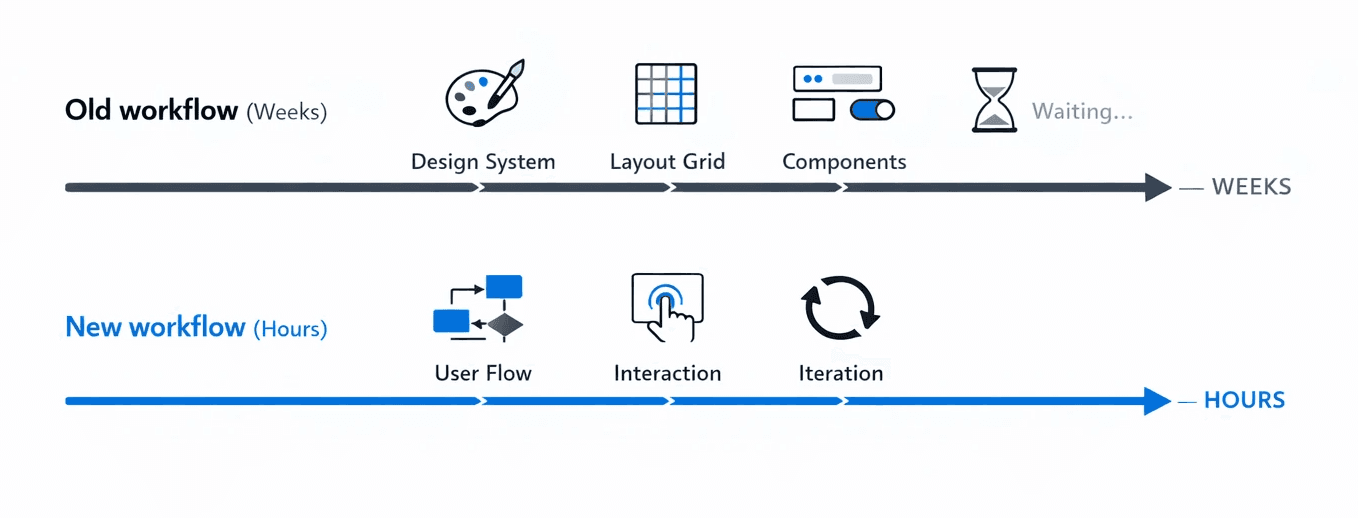 Diagram showing a design workflow shifting from weeks to hours using Pencil and vibe design.