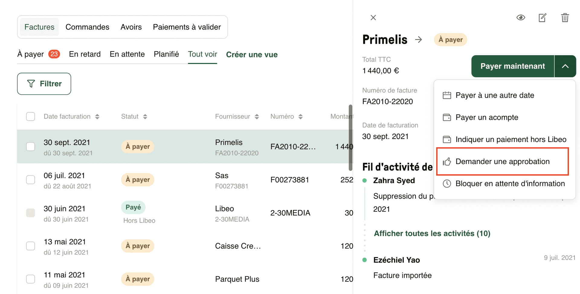 demande d'approbation