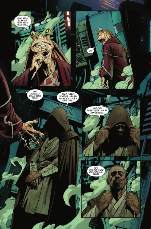 Preview of Jar Jar #1 from Marvel comics featuring Jar Jar Binks and Jedi Master Kelleran Beq