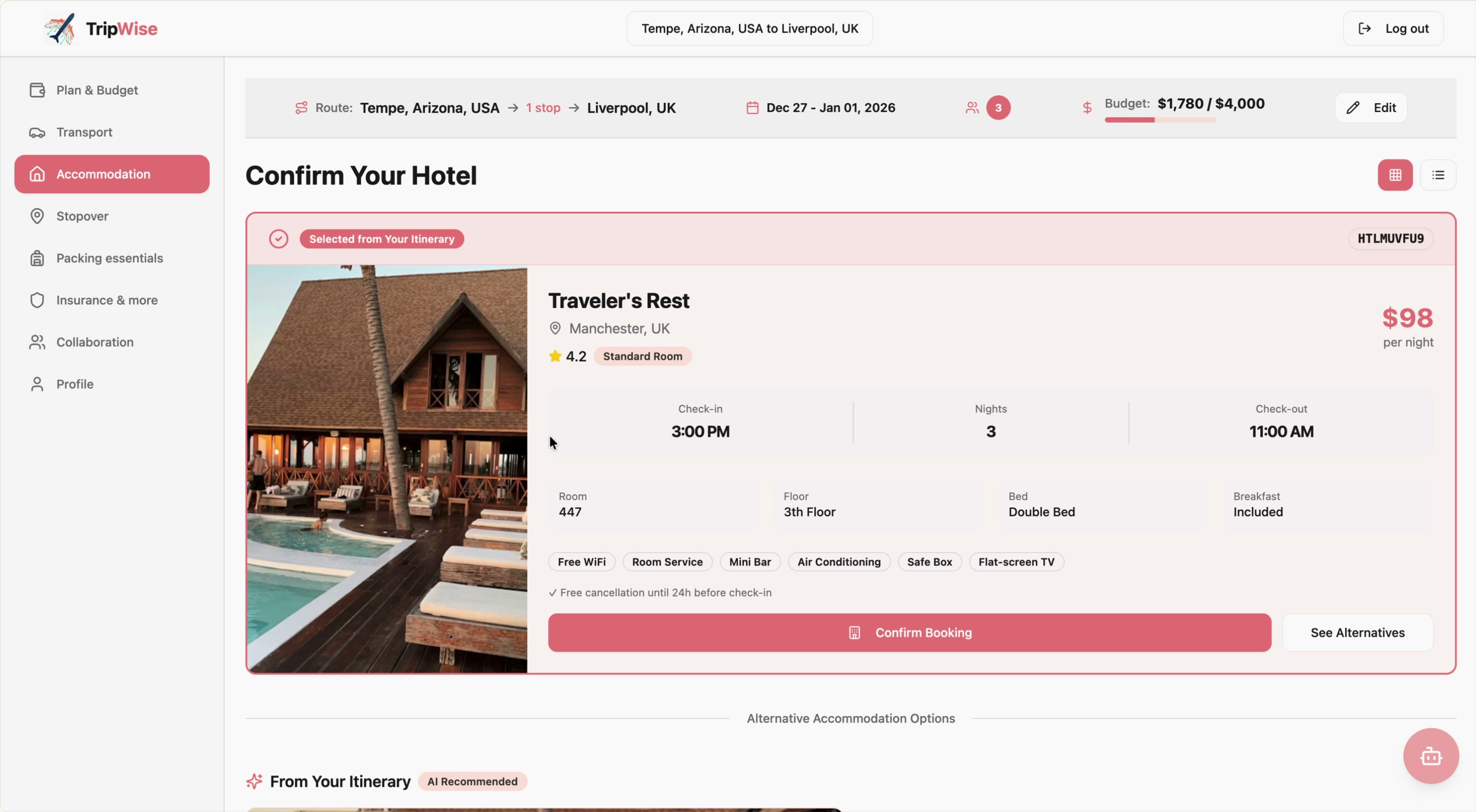 TripWise Confirm Your Hotel screen