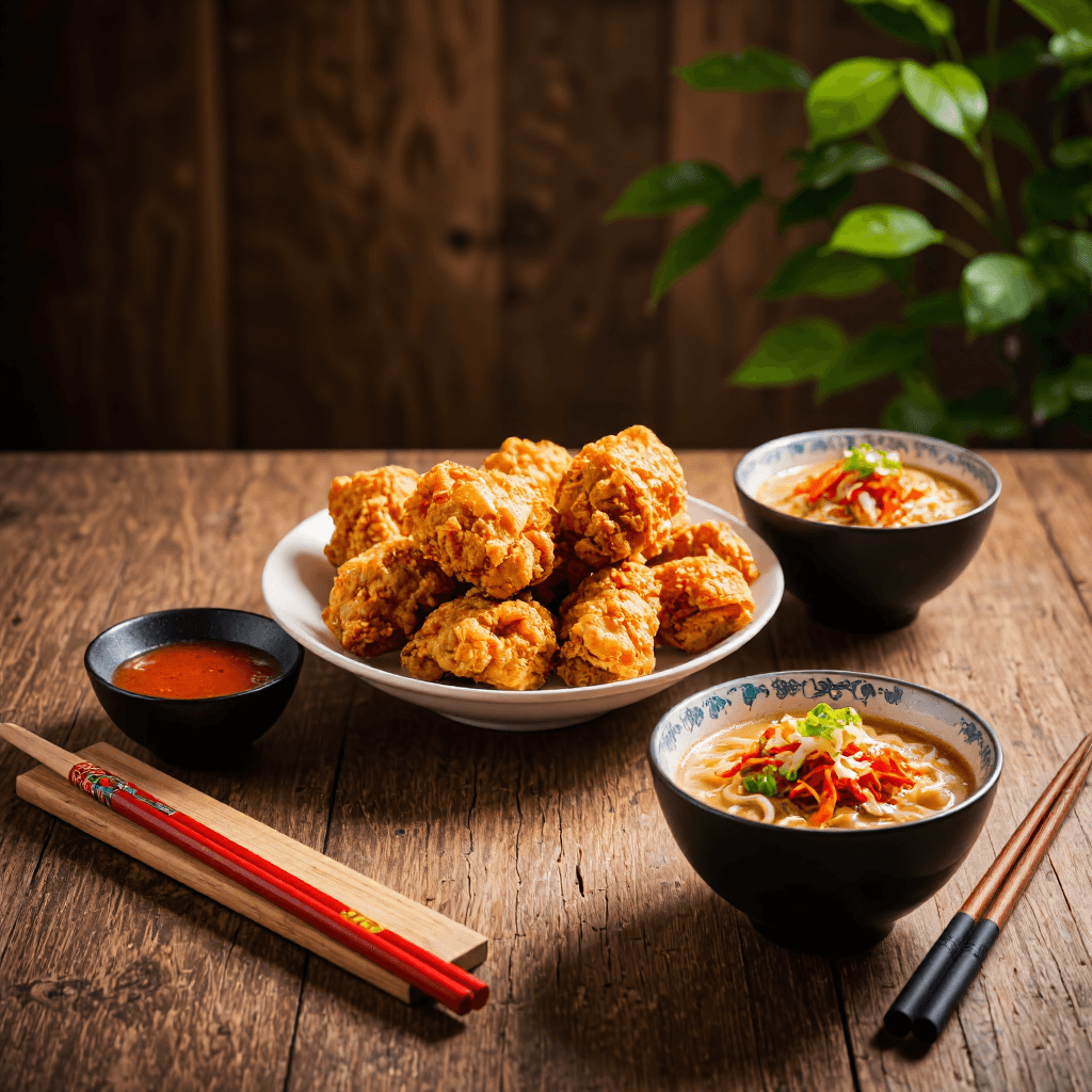 product photography of a plate of fried chicken with dipping sauce and two bowls of ramen