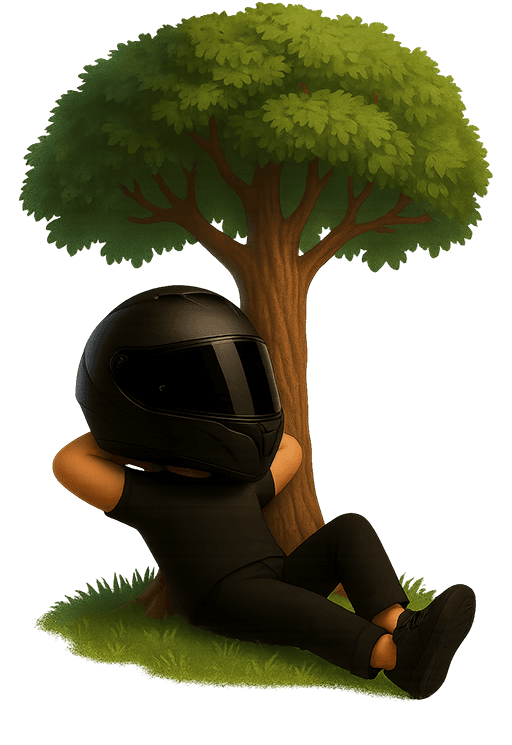 Cartoon biker landing on floor.