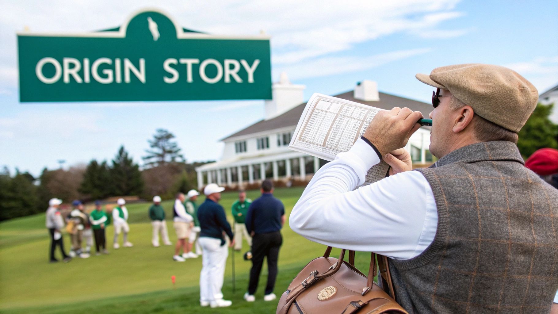 A man in a golf vest and cap uses a monocular on a golf course with a 