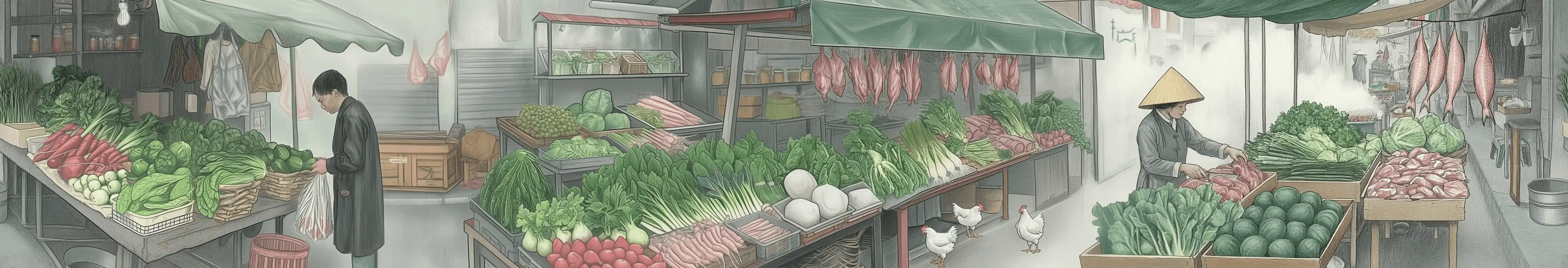 Pho Street Eats illustration of Vendors serving fresh Vietnamese street food at a busy open-air market stall.