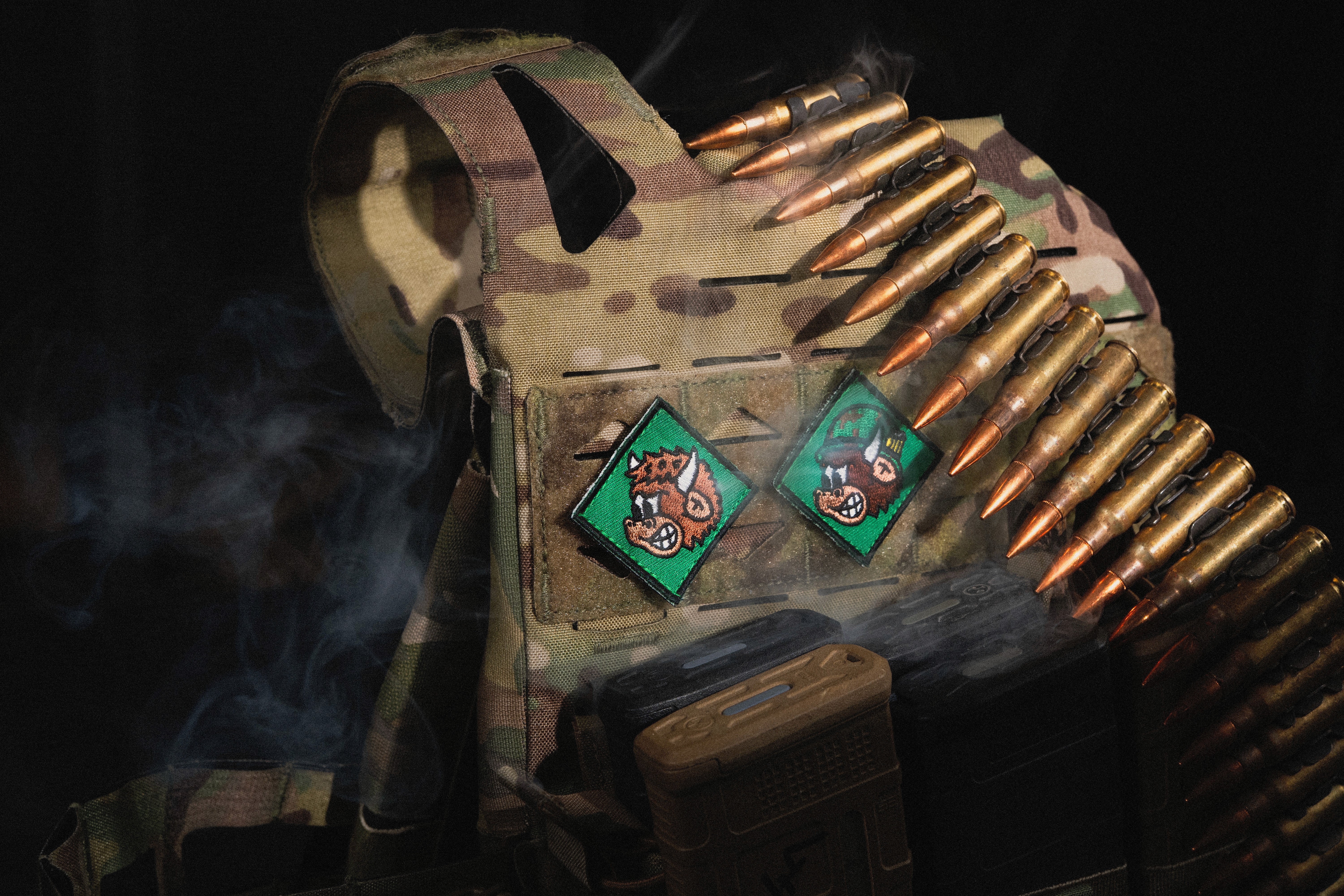 Artistic portrait with red and blue lighting creating a dramatic effect