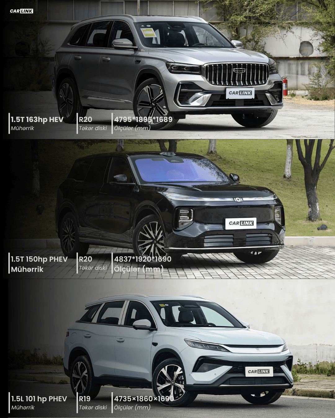 Geely Monjaro i-HEV, Changan Qiyuan Q07 və BYD Song Pro NEV texniki göstəricilərinin müqayisəsi