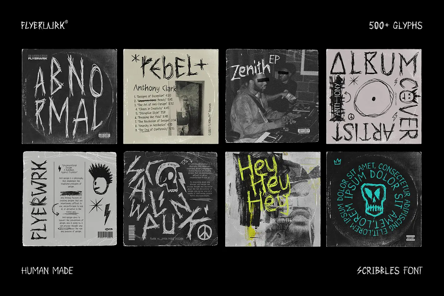 Collection of punk style album covers demonstrating the Scrawlpunk handwritten font in various design layouts
