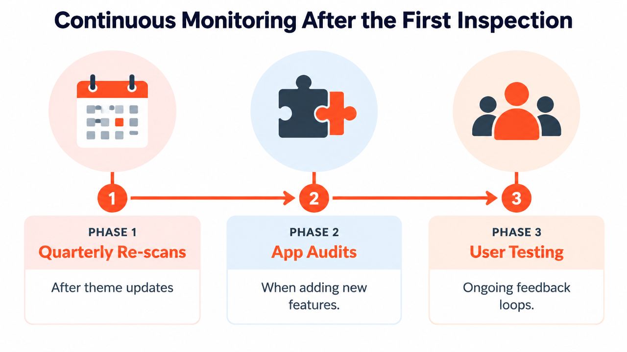A diagram illustrating three phases of continuous monitoring after an initial ADA compliance inspection for websites.