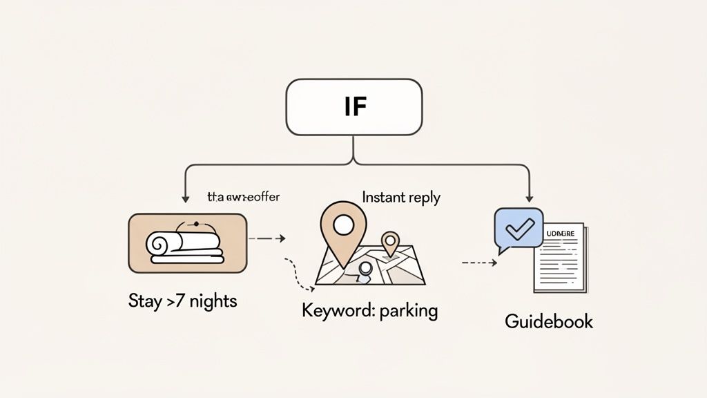 A decision diagram for automating Airbnb guest communication, including long stays, parking inquiries, and guidebooks.